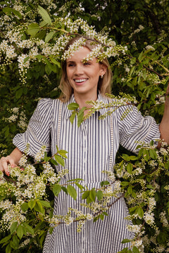 Seersucker Decorated Dress - Blue Stripe