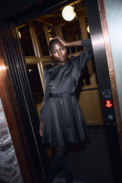 Tailored Satin Belt Dress - Black