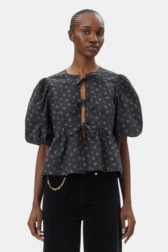 Printed Cotton Peplum Blouse - Phantom