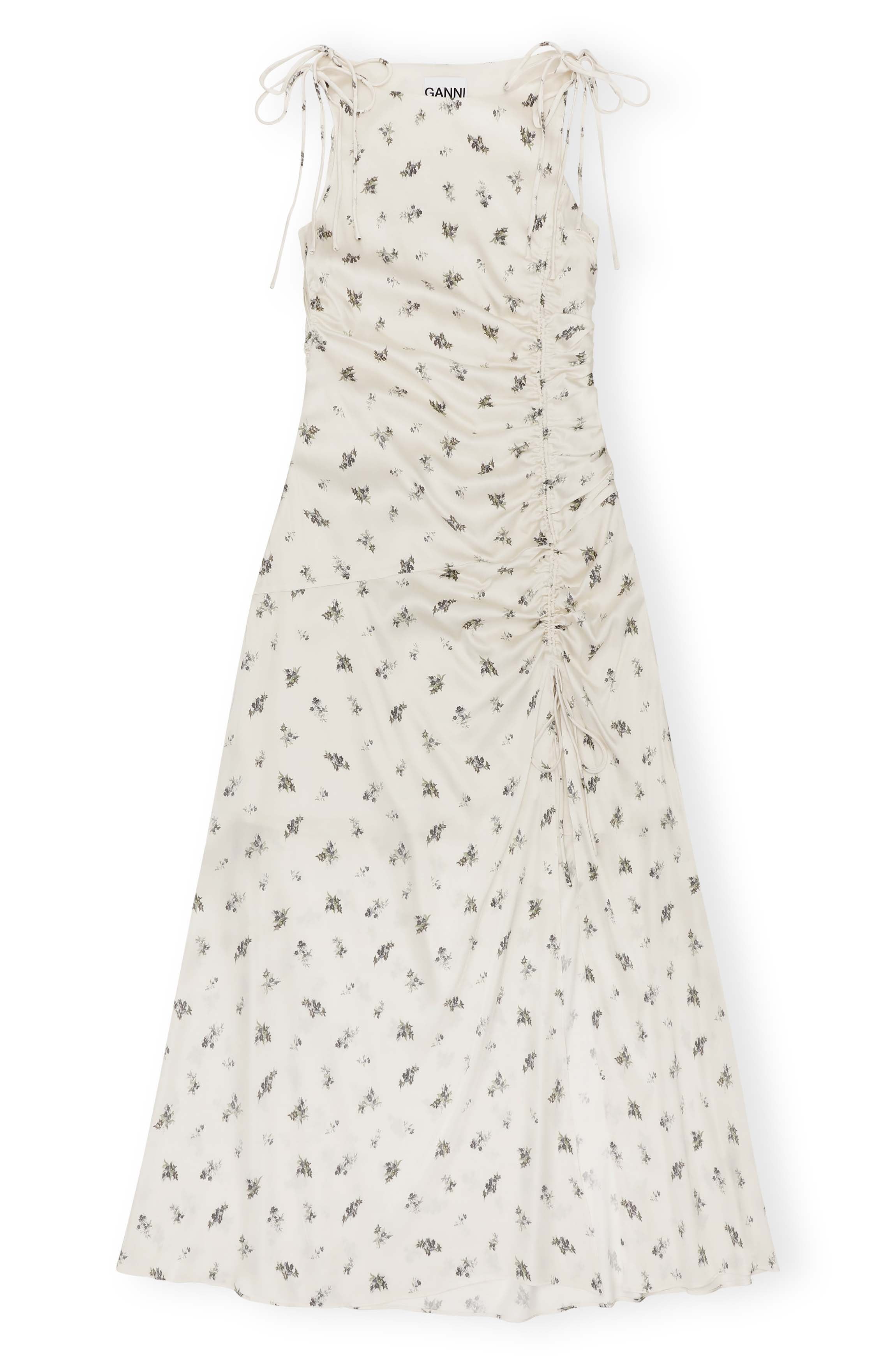 Printed Satin Gathered Long Dress - Egret