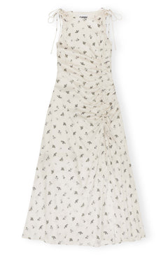 Printed Satin Gathered Long Dress - Egret