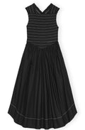 Washed Stretch Cotton Smock Midi Straps Dress - Black