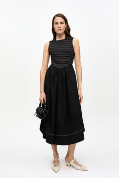 Washed Stretch Cotton Smock Midi Straps Dress - Black