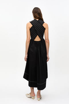 Washed Stretch Cotton Smock Midi Straps Dress - Black