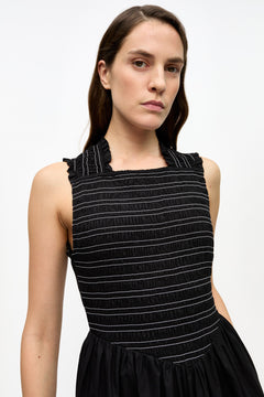 Washed Stretch Cotton Smock Midi Straps Dress - Black