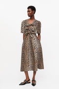 Printed Cotton Tie Strap Midi Dress - Leopard