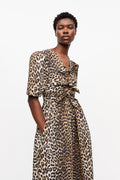 Printed Cotton Tie Strap Midi Dress - Leopard
