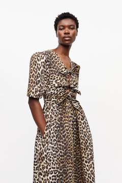 Printed Cotton Tie Strap Midi Dress - Leopard