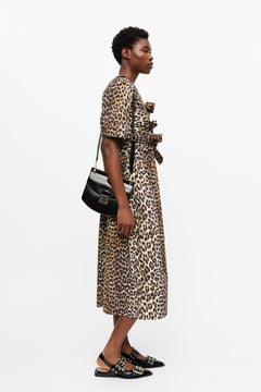 Printed Cotton Tie Strap Midi Dress - Leopard