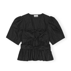 Washed Stretch Cotton Tie Strap Blouse - Black