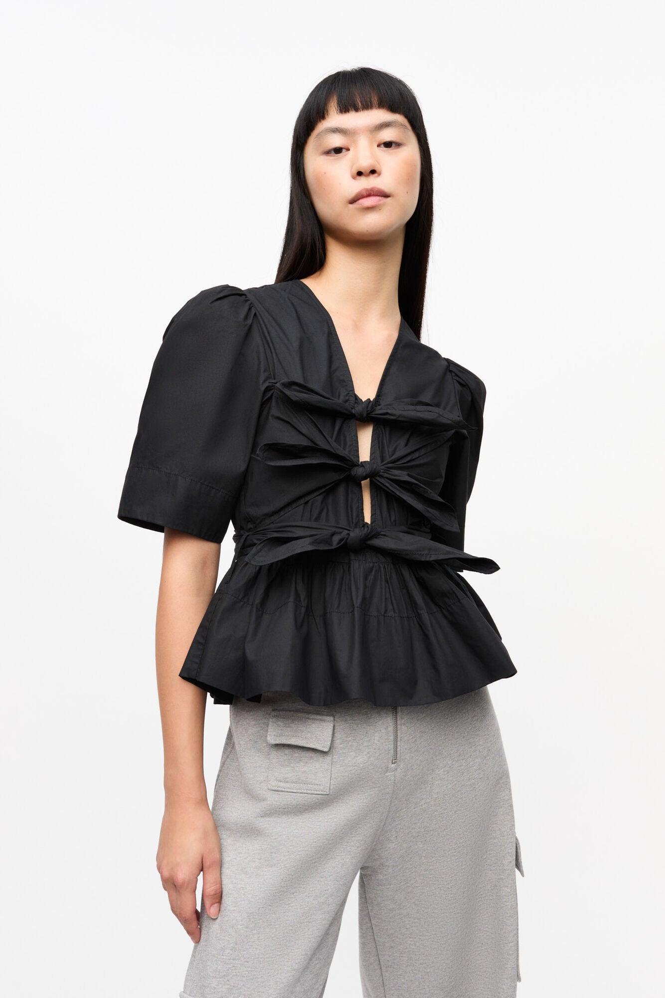 Washed Stretch Cotton Tie Strap Blouse - Black