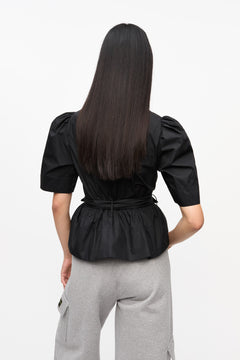 Washed Stretch Cotton Tie Strap Blouse - Black