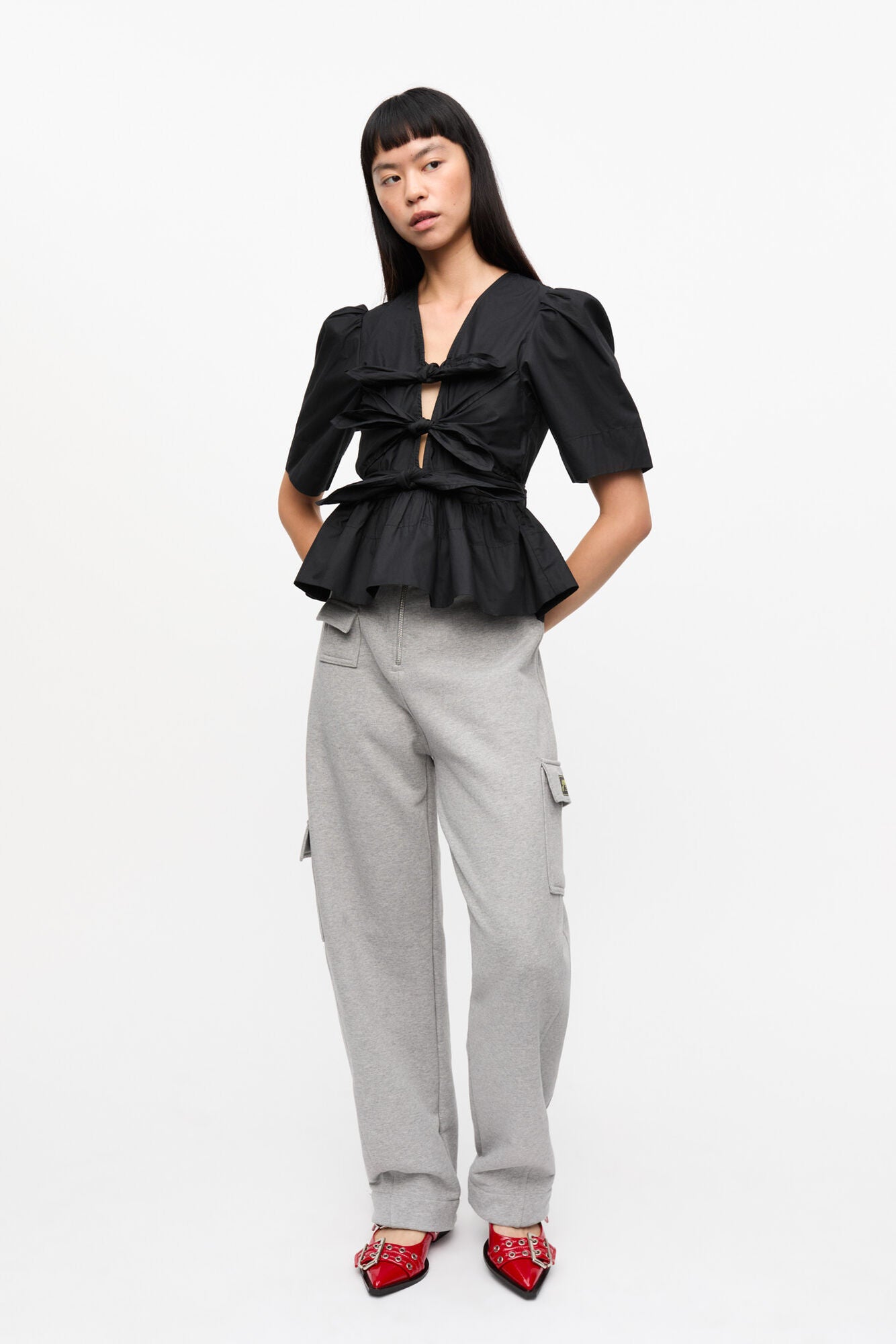 Washed Stretch Cotton Tie Strap Blouse - Black