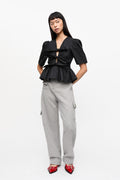 Washed Stretch Cotton Tie Strap Blouse - Black