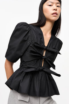 Washed Stretch Cotton Tie Strap Blouse - Black