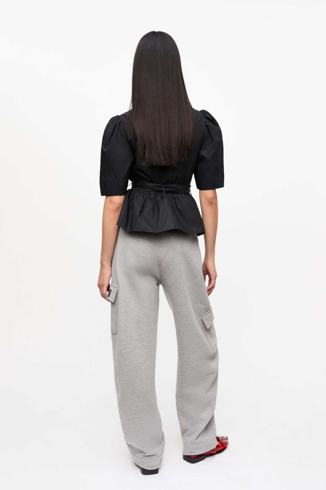 Washed Stretch Cotton Tie Strap Blouse - Black