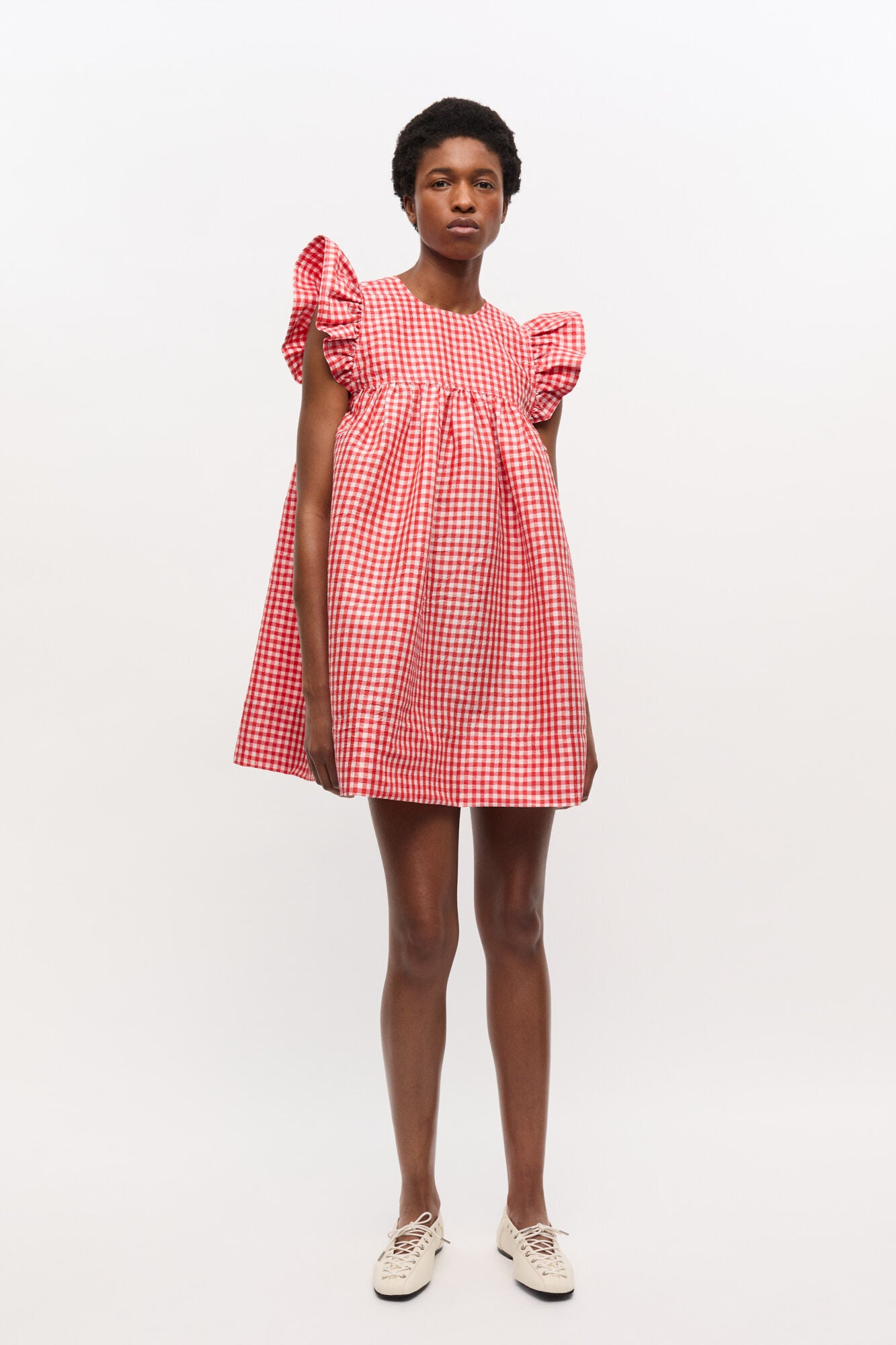 Ganni - Kjoler - Crinkled Taffeta Check Frill Mini Dress