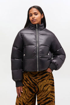 Shiny Nylon Short Puffer Jacket - Black