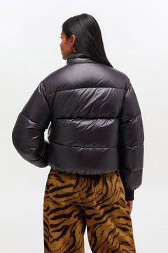Shiny Nylon Short Puffer Jacket - Black