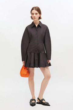 Stretch Cotton Buttoned Mini Dress - Black