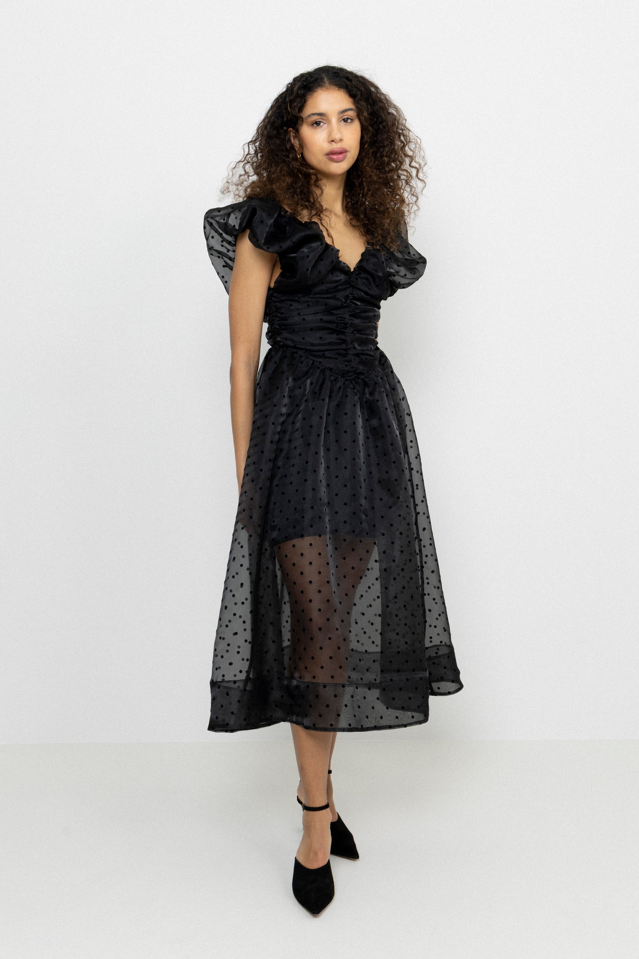 Flocked Organza Long Ruched Dress - Black
