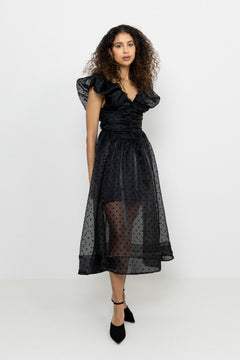 Flocked Organza Long Ruched Dress - Black