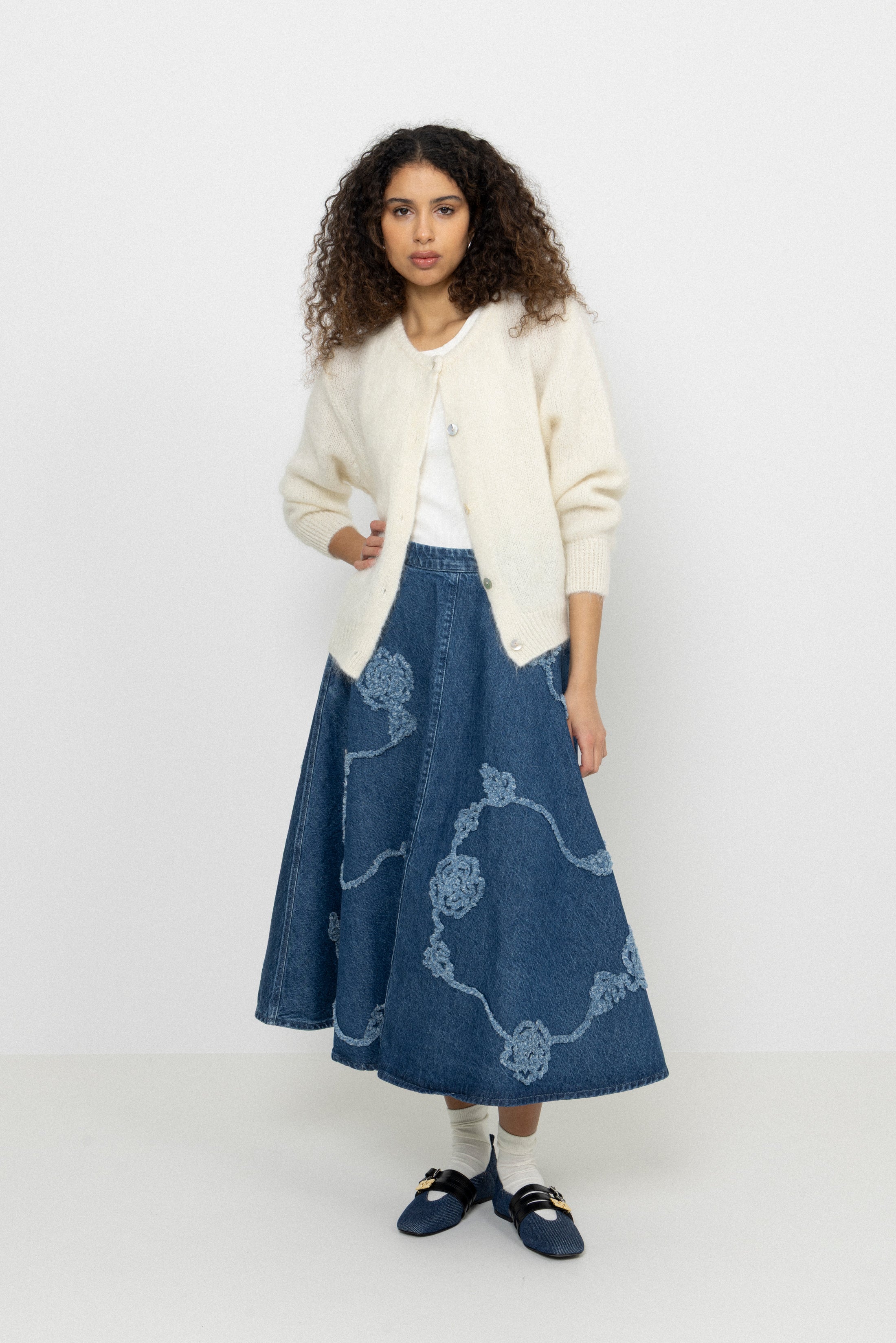 Denim Flower Midi Skirt - Medium Blue Denim