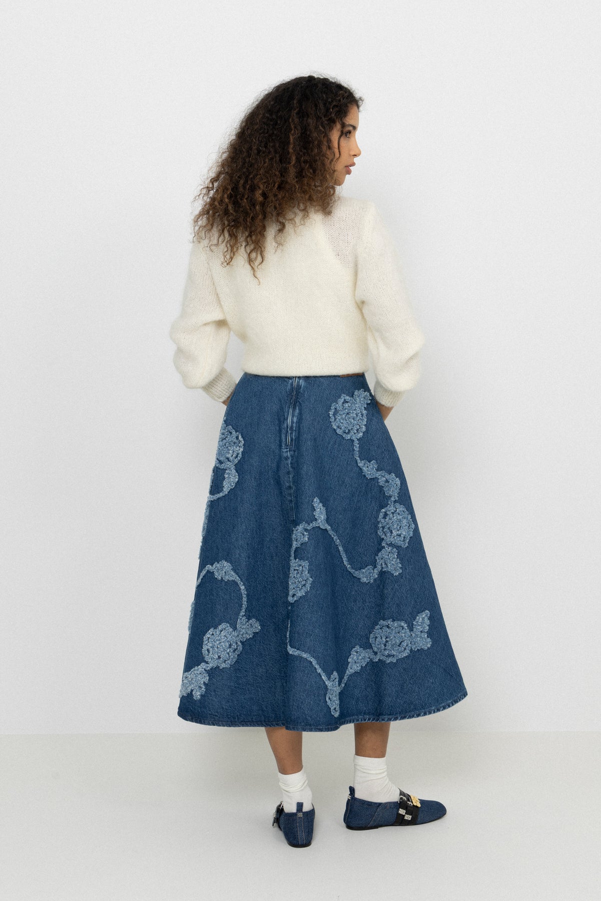 Denim Flower Midi Skirt - Medium Blue Denim