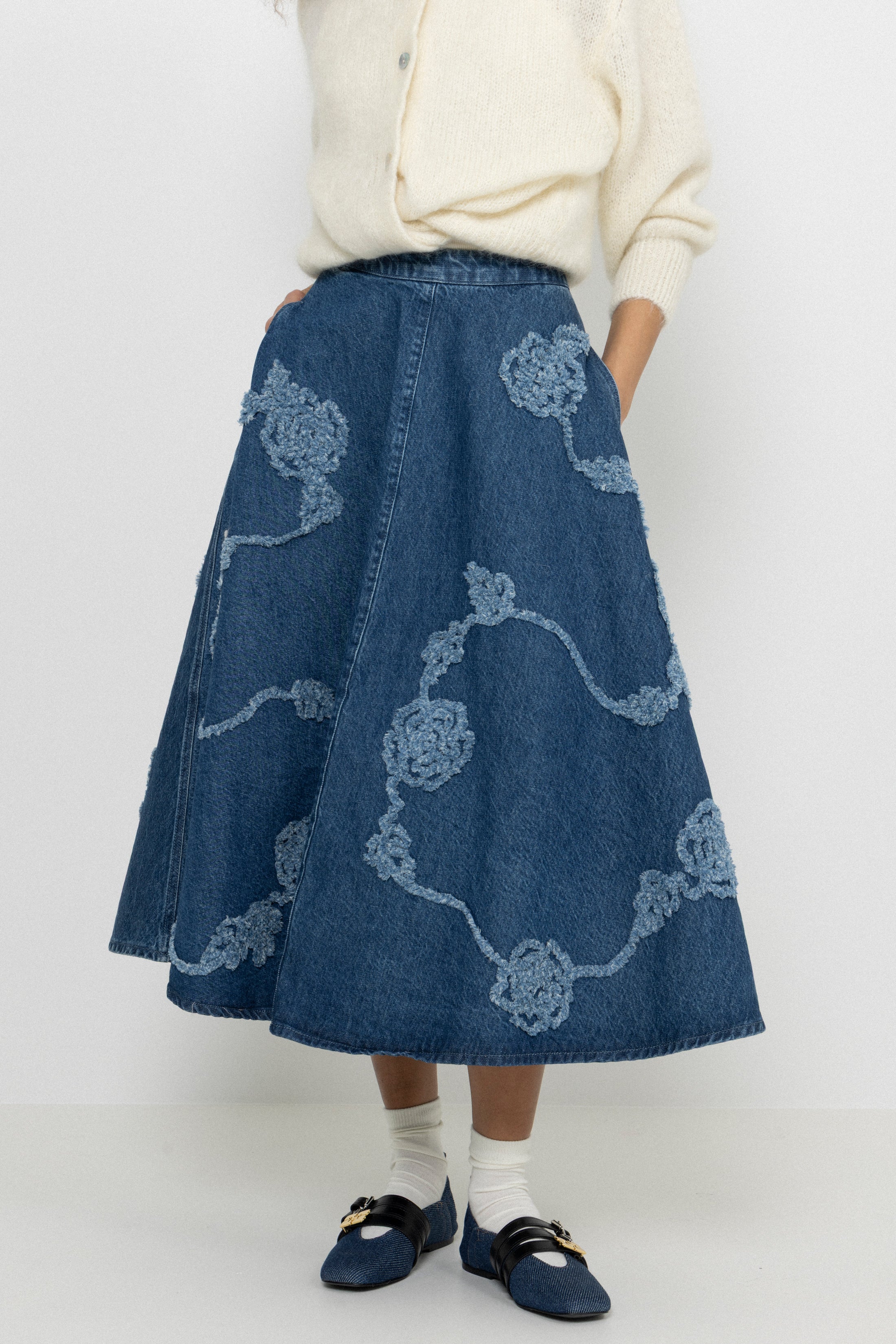 Denim Flower Midi Skirt - Medium Blue Denim