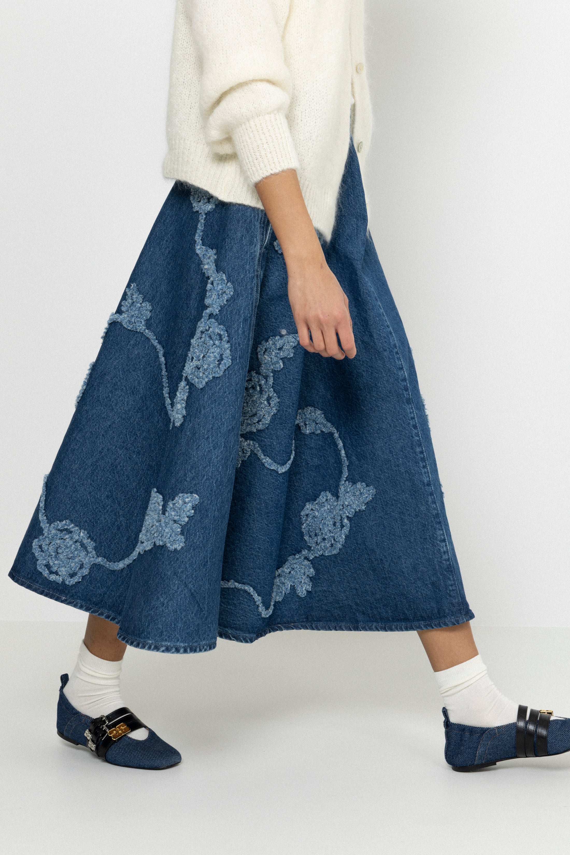 Denim Flower Midi Skirt - Medium Blue Denim