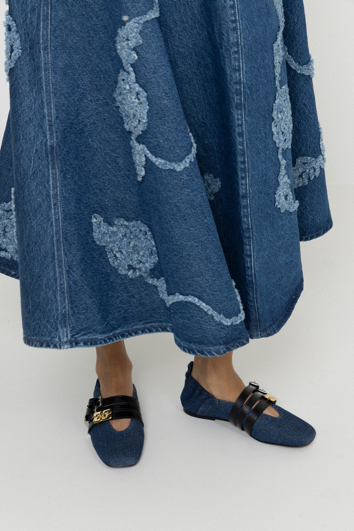 Sue Triple Ballerina Denim Fringed - Dark Blue Vintage