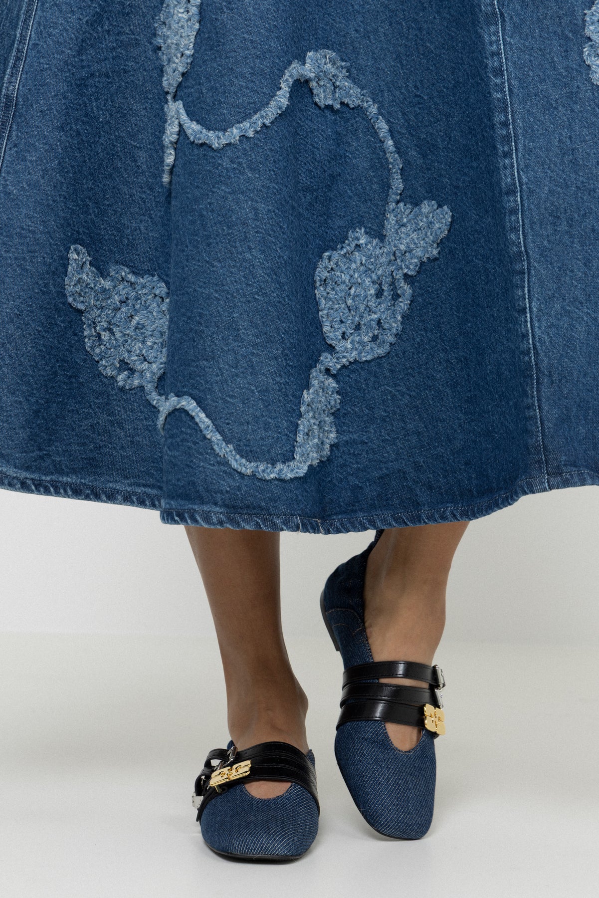 Sue Triple Ballerina Denim Fringed - Dark Blue Vintage