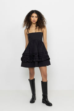 Stretch Cotton Mini Strap Dress W. Frills - Black