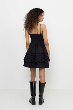 Stretch Cotton Mini Strap Dress W. Frills - Black