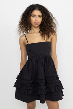 Stretch Cotton Mini Strap Dress W. Frills - Black