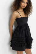 Stretch Cotton Mini Strap Dress W. Frills - Black