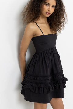 Stretch Cotton Mini Strap Dress W. Frills - Black
