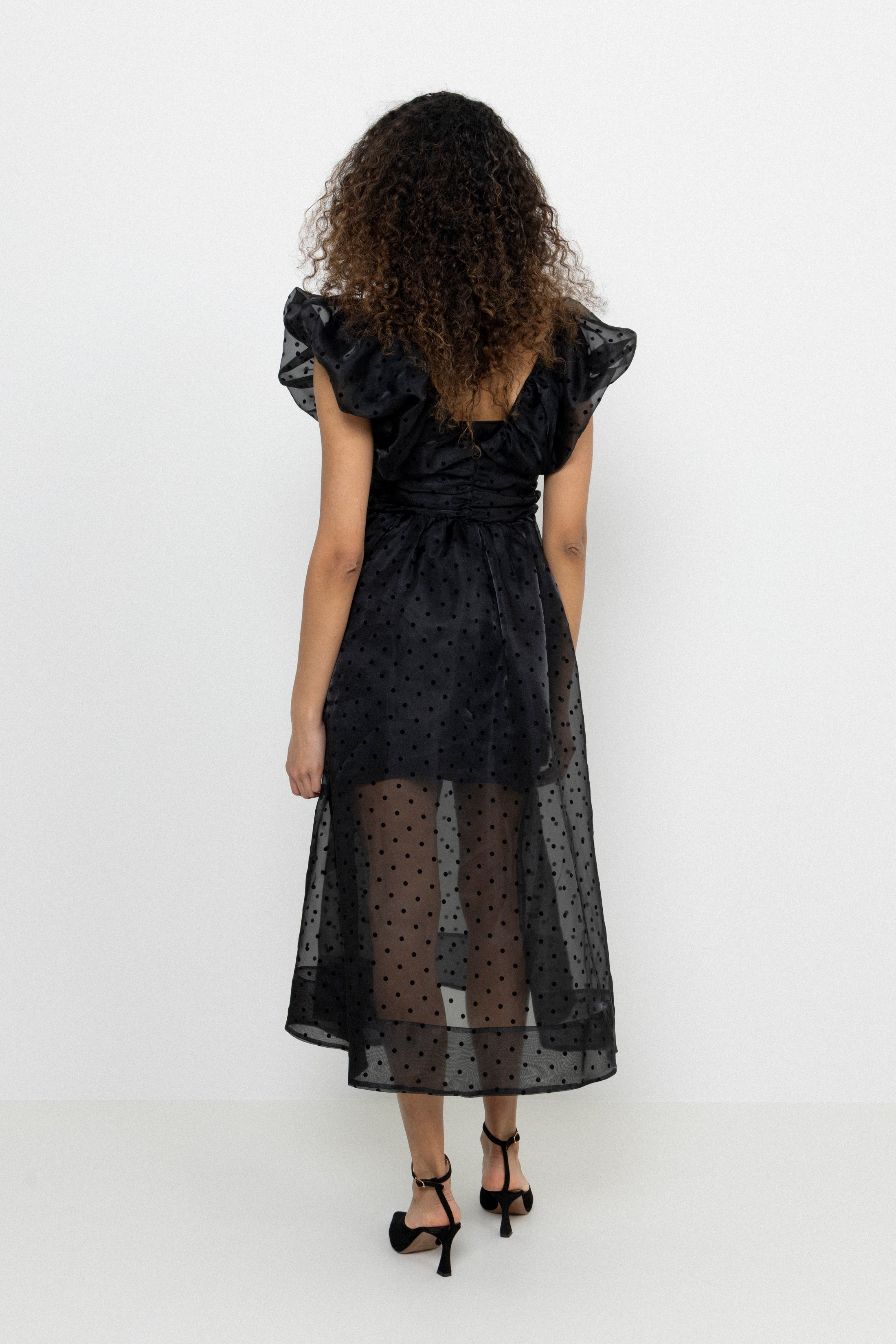 Flocked Organza Long Ruched Dress - Black
