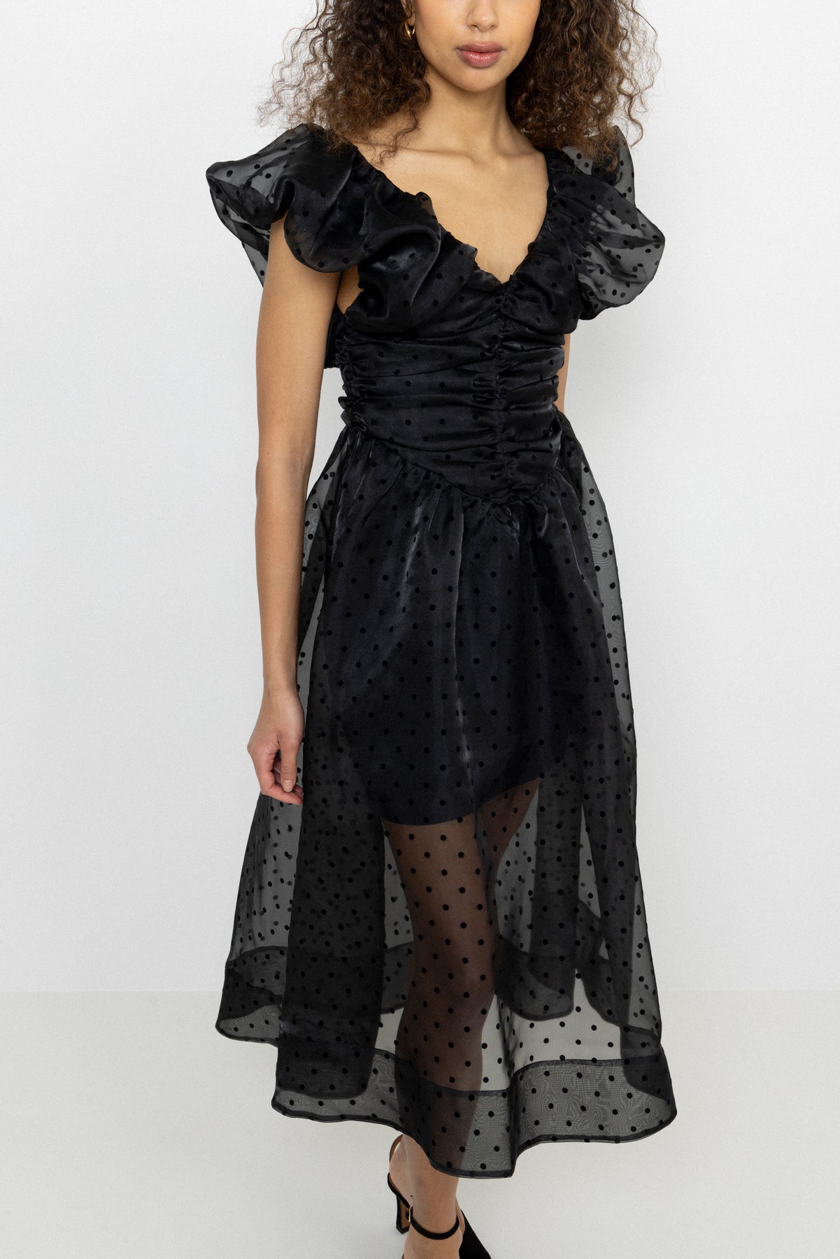 Flocked Organza Long Ruched Dress - Black