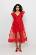 Textured Organza Long Ruched Dress - Mars Red