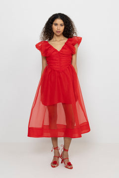 Textured Organza Long Ruched Dress - Mars Red