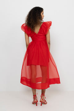 Textured Organza Long Ruched Dress - Mars Red