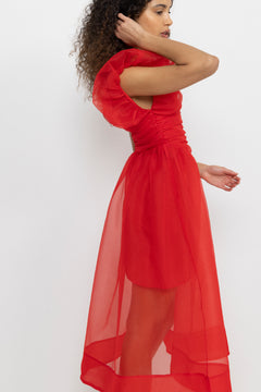 Textured Organza Long Ruched Dress - Mars Red