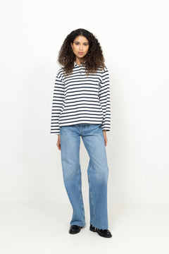 Wada Ls Stripe Collar Top - Dark Sapphire Snow White