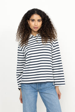 Wada Ls Stripe Collar Top - Dark Sapphire Snow White