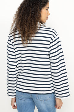Wada Ls Stripe Collar Top - Dark Sapphire Snow White