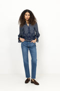 Amara Stripe Emb Blouse - Navy