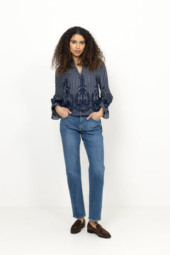 Amara Stripe Emb Blouse - Navy