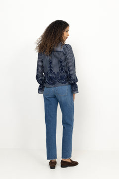 Amara Stripe Emb Blouse - Navy
