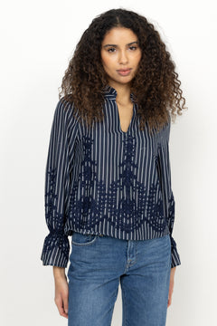 Amara Stripe Emb Blouse - Navy